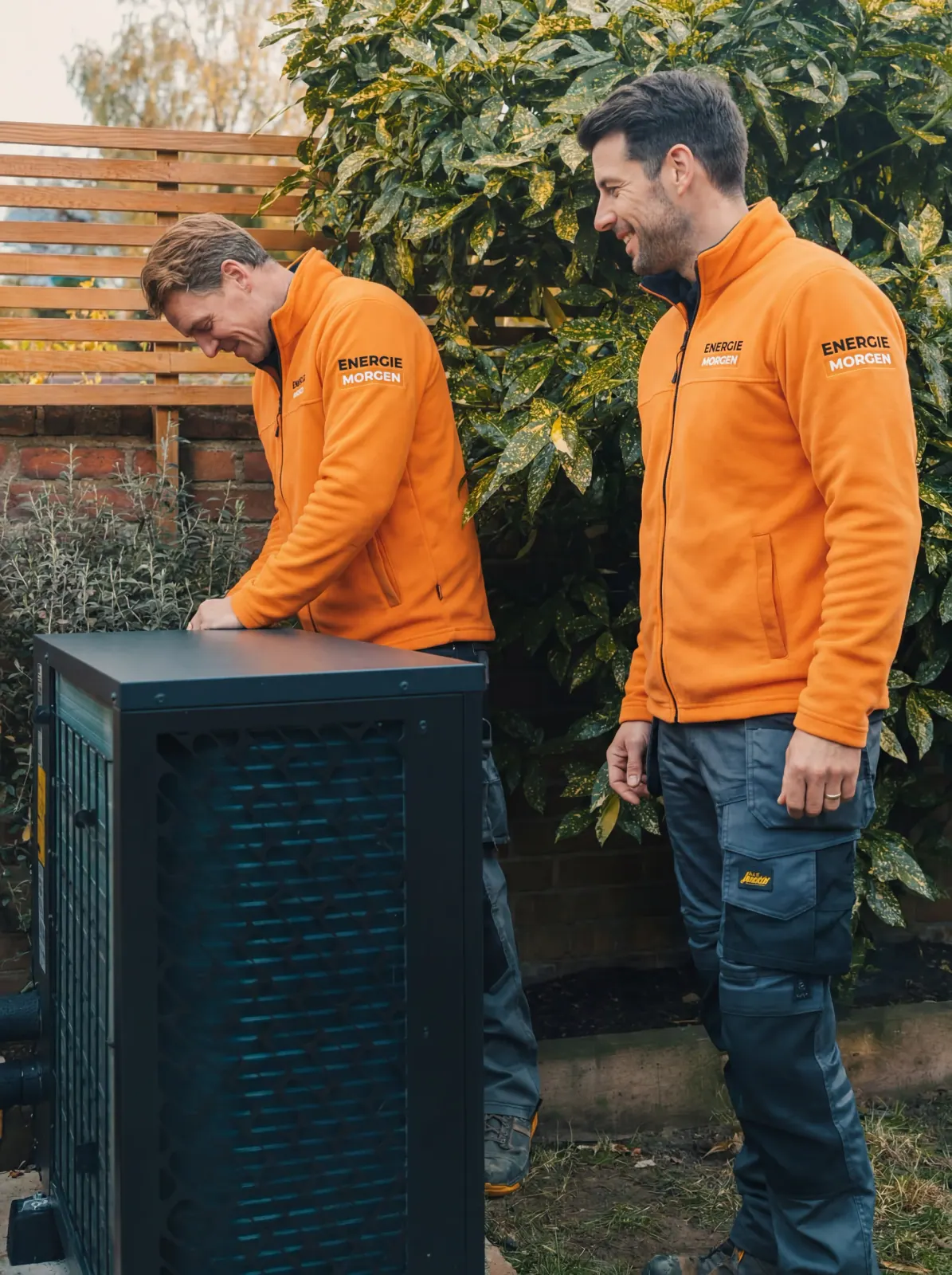 Monteurs van Energie Morgen bij de buitenunit van een all-electric warmtepomp