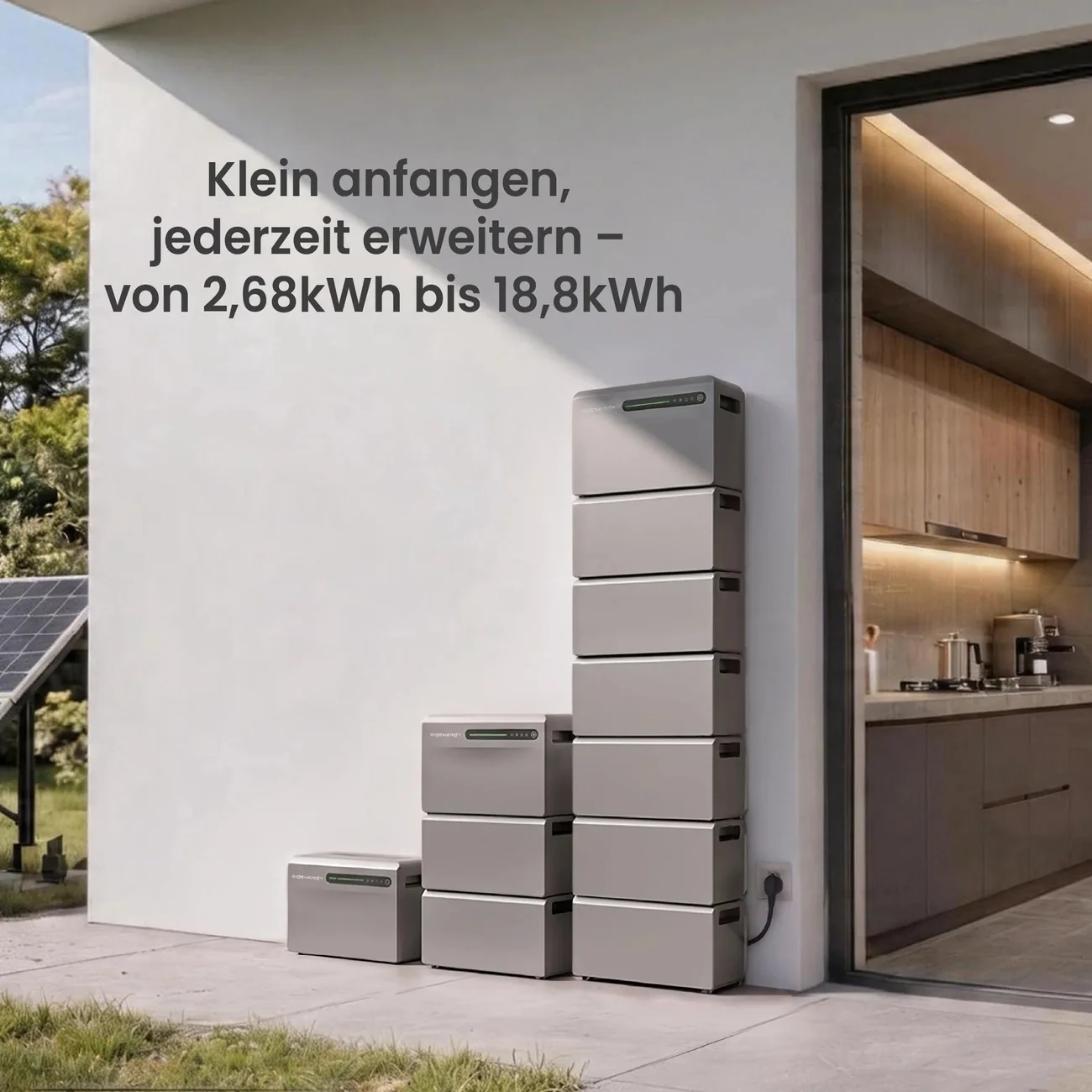 Modulair uitbreiden van 2,68 tot 18,8 kWh, opgesteld tegen de gevel van een woning