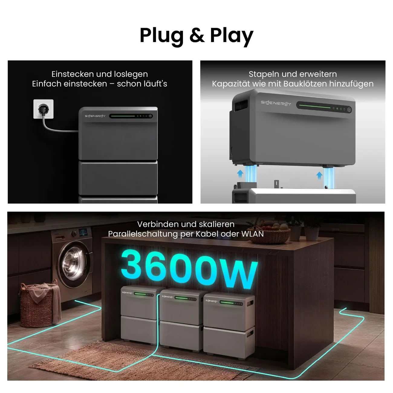 Plug and play: in het stopcontact, stapelen als bouwblokken en parallel schakelen tot 3.600 W