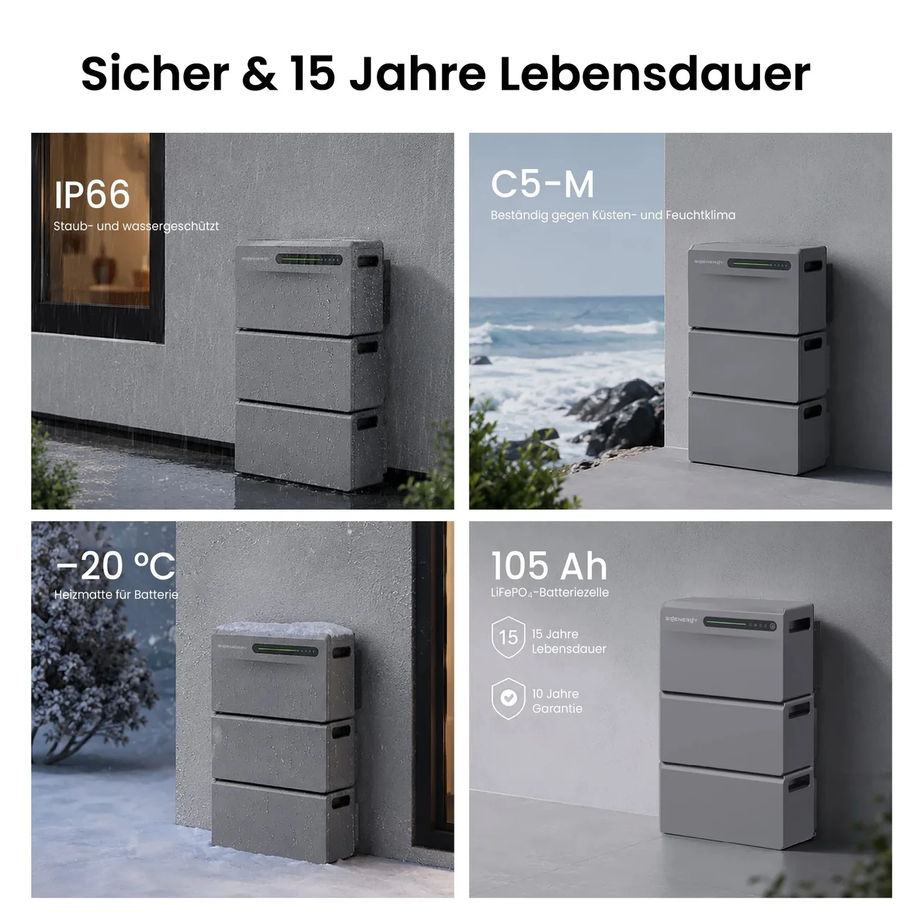 Veiligheid en levensduur: IP66, C5-M, verwarmingsmat tot −20 °C en 105 Ah LiFePO₄-cellen