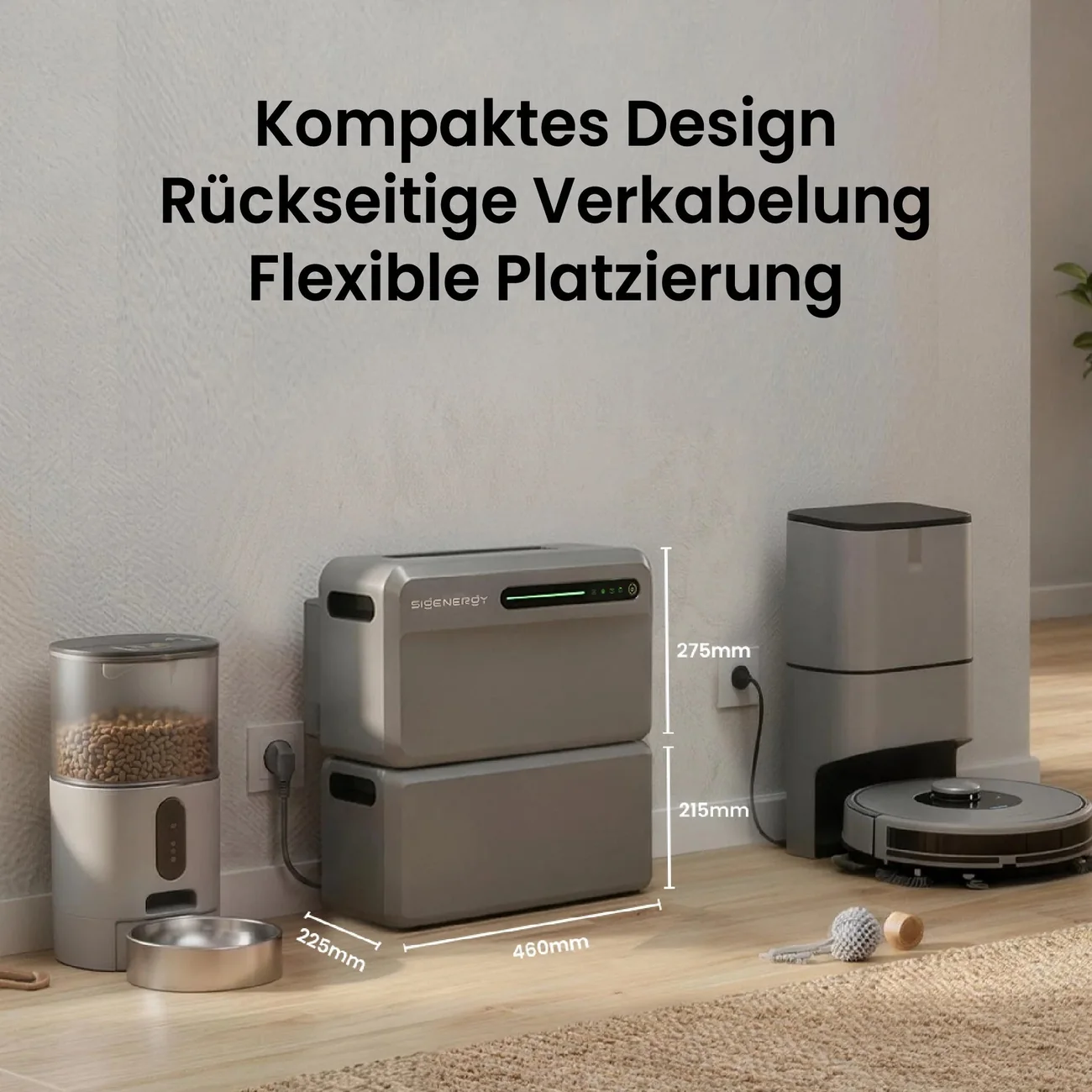 Compact ontwerp met bekabeling aan de achterzijde: 460 bij 225 bij 275 millimeter