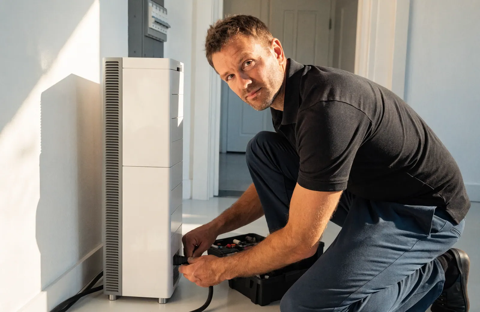 Monteur van Energie Morgen sluit een thuisbatterij aan