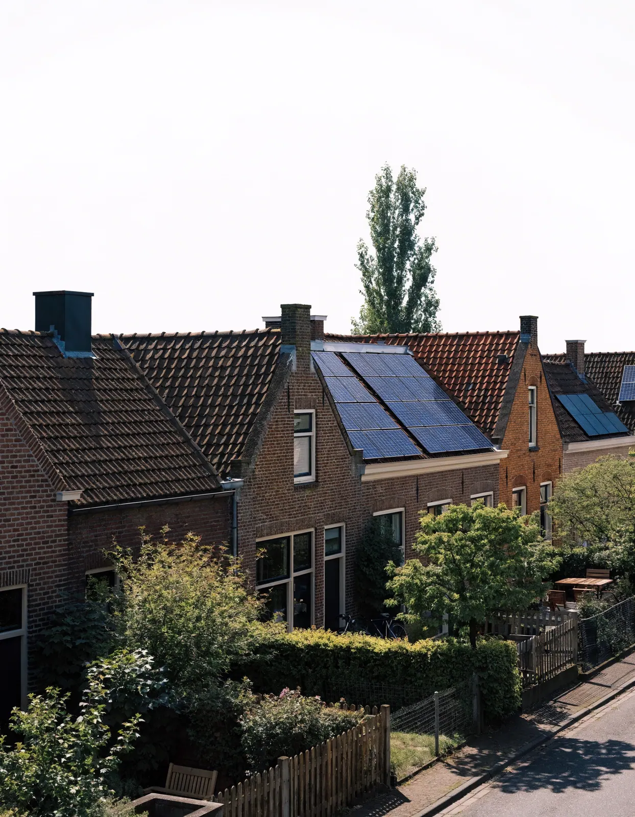 Nederlandse rijtjeshuizen met zonnepanelen op de daken
