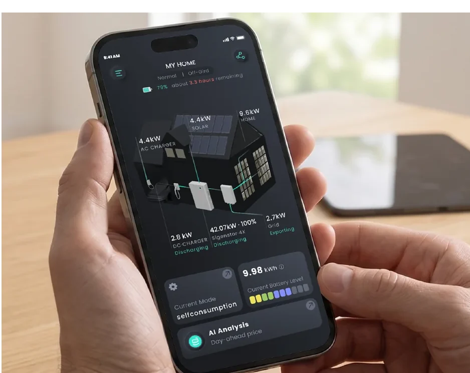 Hand met een telefoon waarop de mySigen-app het energieverbruik van het huis toont