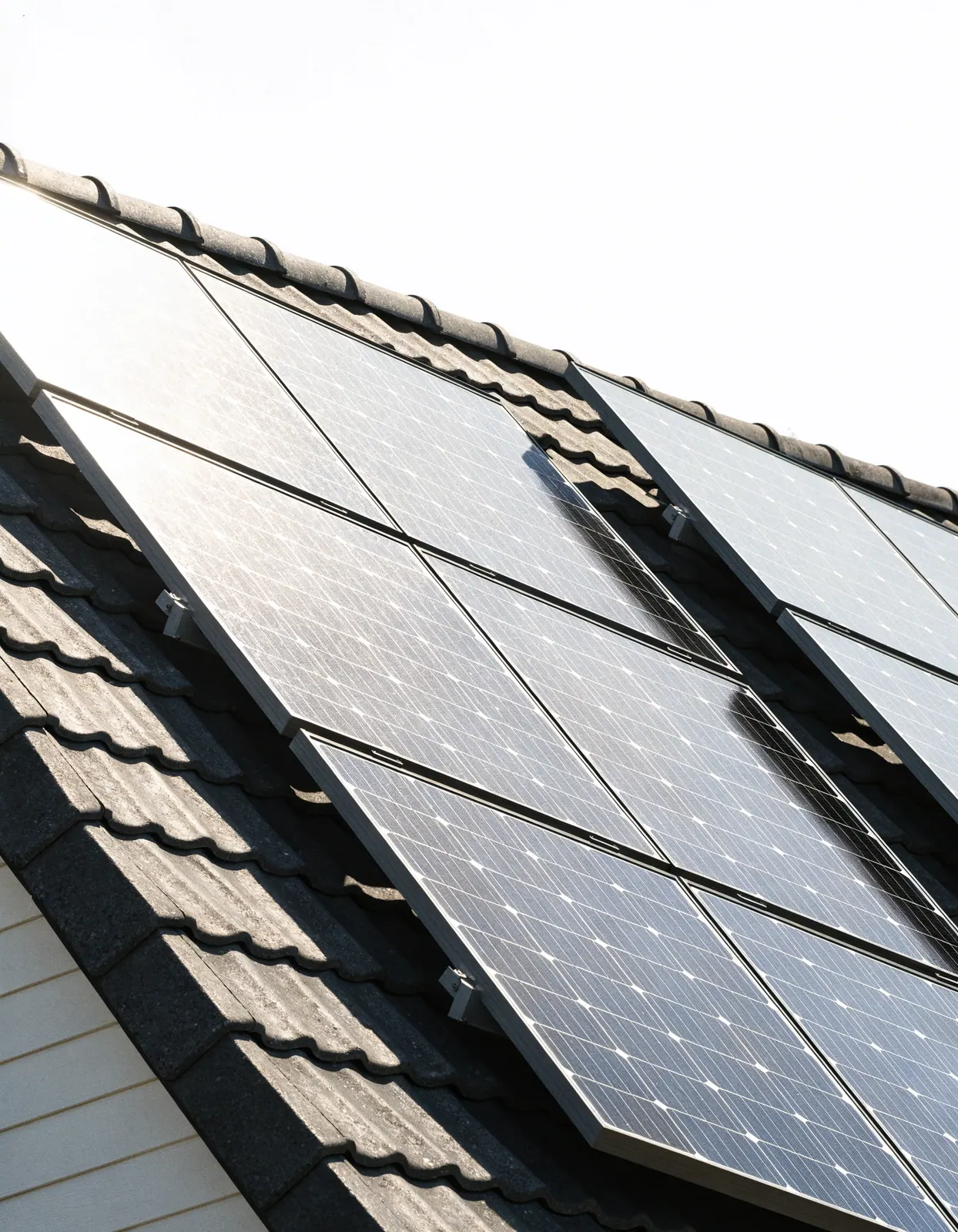Zonnepanelen op een Nederlands pannendak, van onderaf gefotografeerd