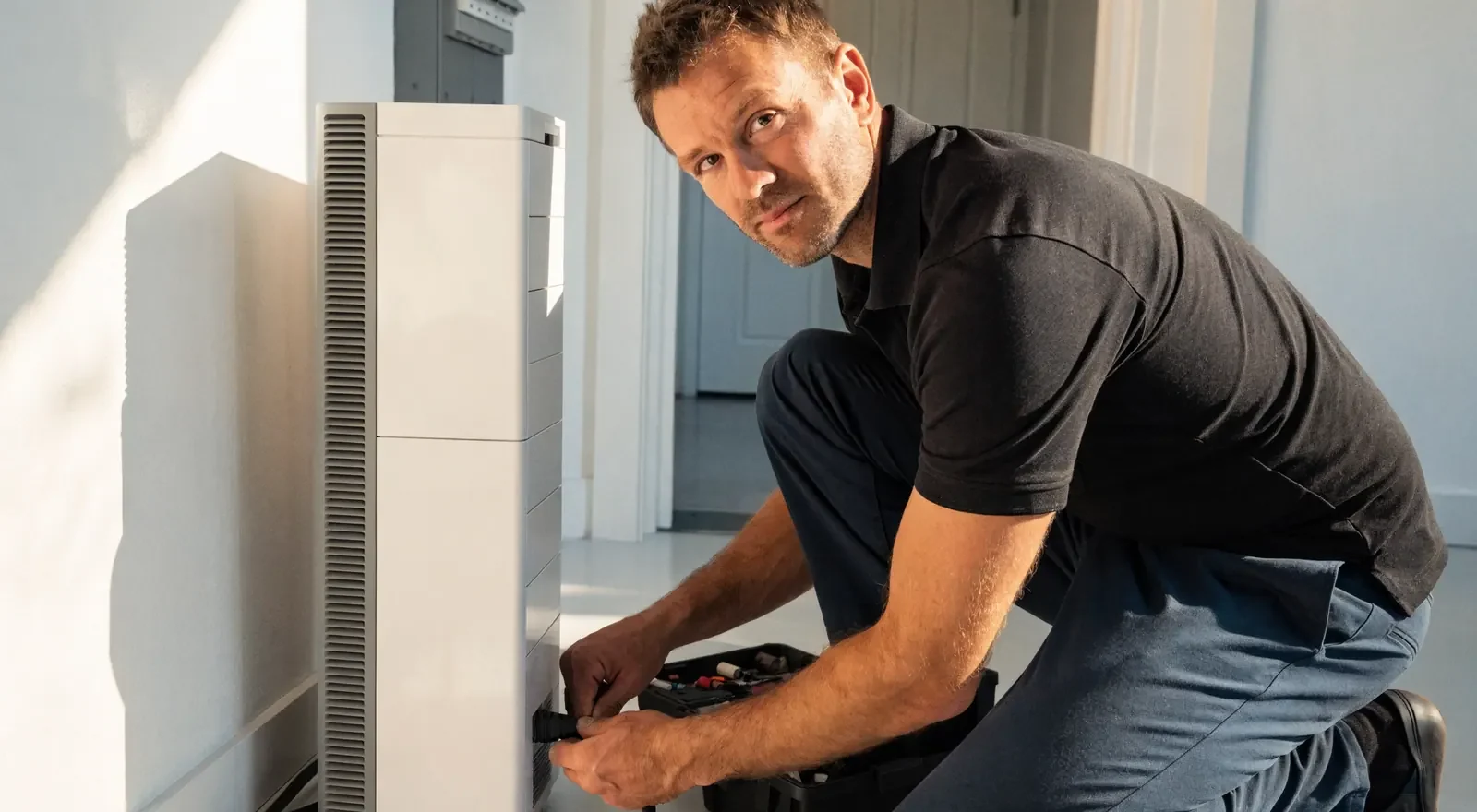 Monteur installeert een thuisbatterij