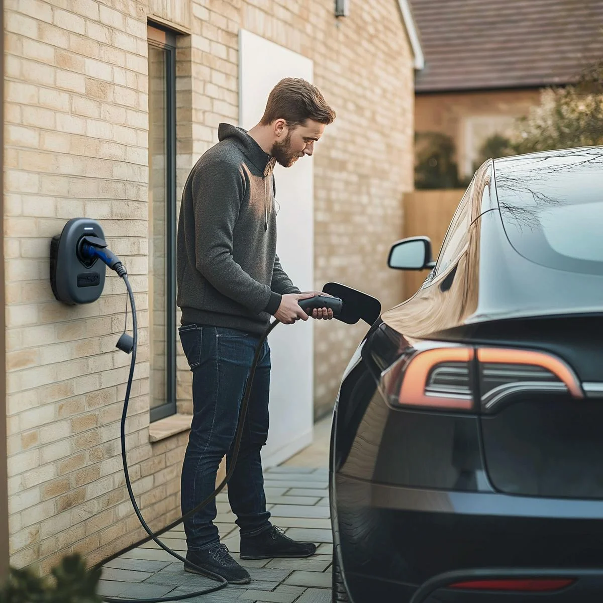 Auto aan de laadkabel bij een woning